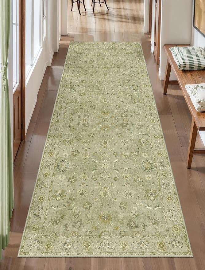 Tangsoo 2x10 Washable Runner Rug for Hallways, Floral Vintage Non Slip, Soft Low Pile Long Rugs Runner, Print Distressed Green Carpet Runners for Kitchen Bedroom Entryway Living Room