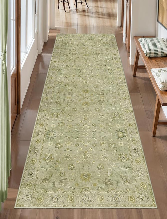 Tangsoo 2x10 Washable Runner Rug for Hallways, Floral Vintage Non Slip, Soft Low Pile Long Rugs Runner, Print Distressed Green Carpet Runners for Kitchen Bedroom Entryway Living Room