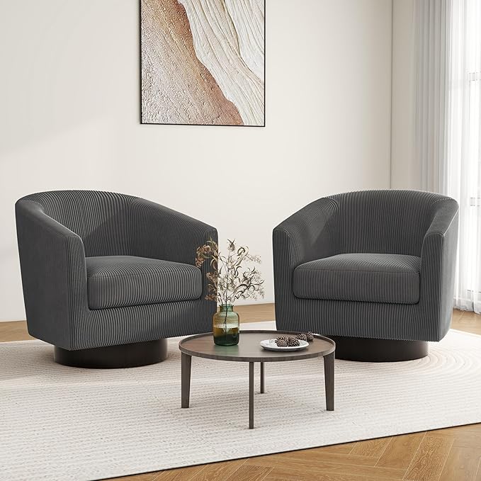 Swivel Barrel Accent Chair, Modern Round Corduroy Fabric Arm Chair for Living Room, Bedroom, Comfy Club Reading Chairs for Adults (Corduroy Grey, Set of 1)
