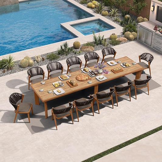 PURPLE LEAF 13-Piece Patio Dining Set Outdoor Furniture Rectangular Table and Chairs Set with Aluminum Frame and Teak-Finish for Garden Deck Backyard Kitchen Deep Teak Outdoor Set