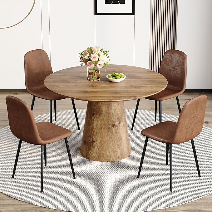 Round Dining Table Set for 4,45'' Wood Dining Room Table Set for 4 with Suede Chairs,Farmhouse Pedestal Dining Table Set for Dining Room,Apartment Easy Assembly