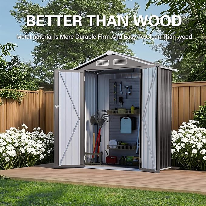 5 x 3 FT Outdoor Storage Shed, Metal Garden Tool Shed with Slooping Roof, Lockable Doors, All-Weather Bike Shed Easy to Assemble for Backyard, Patio, Lawn, Grey