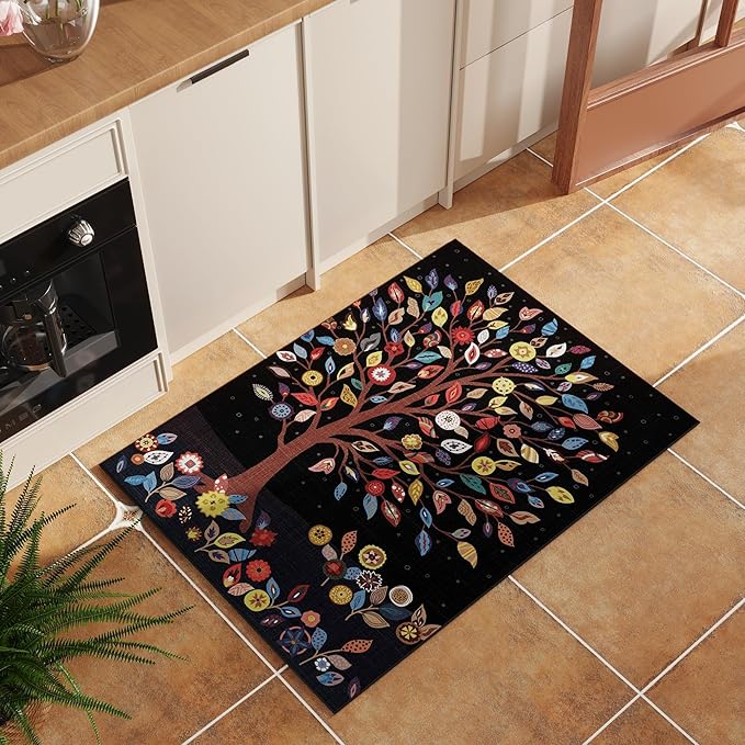 Door Mat Indoor Entrance 2x3 Rug Floral Tree Machine Washable Small Area Rug Bohemian Non-Slip Low Pile Throw Rugs for Entryway, Kitchen, Front Door Indoor Entrance, Entry, Kids Room, Black