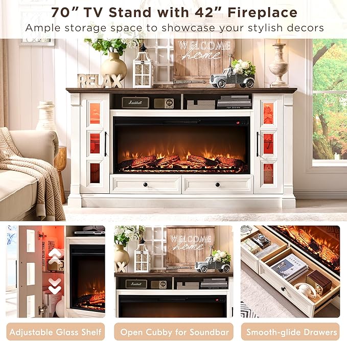 OKD Fireplace TV Stand for up-to-80 TV, Farmhouse 36" Tall Entertainment Center with 42" Electric Fireplace, Media Console with Glass Door Cabinets & Drawers for Living Room, Antique White