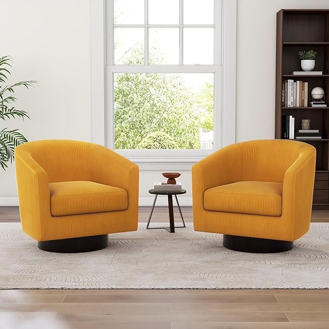 UIXE Swivel Accent Chair, Upholstered Corduroy Barrel Chair for Living Room, Small Single Sofa Bedroom Reading Seat, Set of 2, Orange