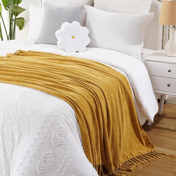 BATTILO HOME Mustard Yellow Throw Blanket for Couch Bed Sofa, Yellow Gold Chenille Throw for Spring Summer, Lightweight Knit Blanket for Home Decor, 50"x60"