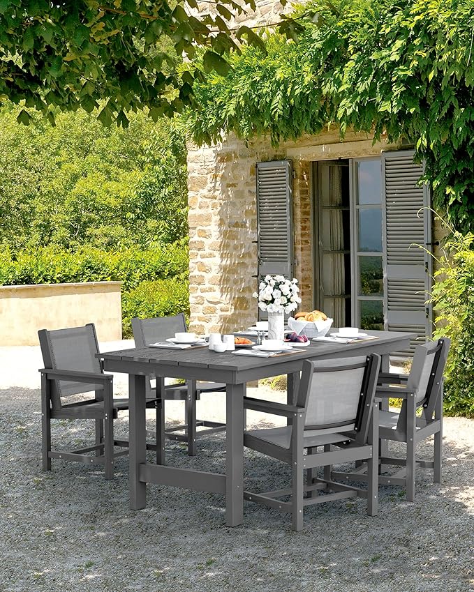 SERWALL 5 Piece Outdoor Dining Table Sets for 4 with 1 Umbrella Hole Cut-Out Rectangular Table and 4 Textilene Chairs, HDPE Dining Table Sets for Garden, Backyard, Poolside, Gray