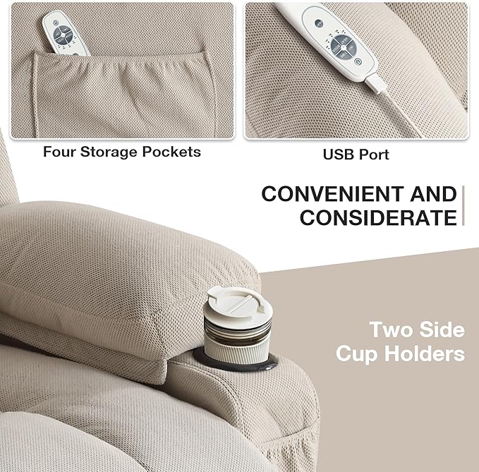 Power Lift Recliner Chair for Elderly with Vibration Massage and Lumbar Heating Electric Oversized Single Sofa with Cup Holder and USB Charge Port for Living Room