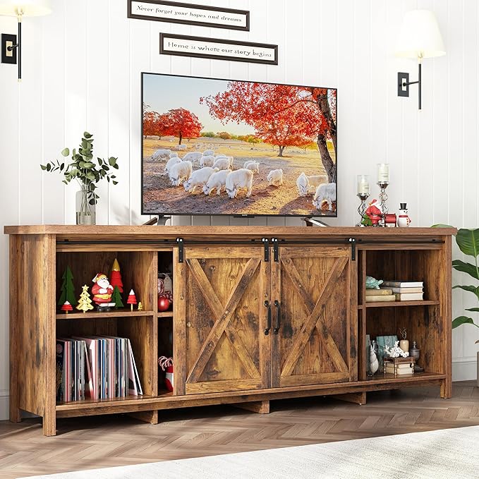 70" Farmhouse TV Stands for 70 75 80inch TV w/Adjustable Shelves,Sliding Barn Door.Wooden Entertainment Center,TV Console Cabinet with Storage for Bedroom Living Room(Brown 70in)