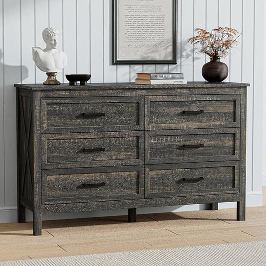 LYNSOM Farmhouse 6 Drawers Dresser for Bedroom, Wood Rustic Wide Chest of Drawers with Deep Drawers, Metal Handle, Storage Dressers Organizer for Living Room, Entryway, Dark Rustic Oak