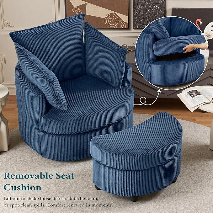 Swivel Accent Chair with Ottoman Comfy Reading Chairs for Bedroom Modern Corduroy Arm Chair 360°Swivel Barrel Chairs for Living Room,Apartment (Blue, 1)