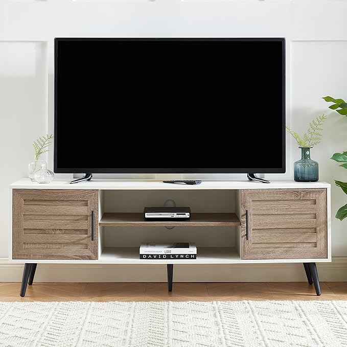 Mid Century Wooden TV Stand with Open Shelf and 2 Storage Cabinets for TVs up to 65 Inches,White Walnut Modern Entertainment Center TV Console for Living Room,Bedroom.