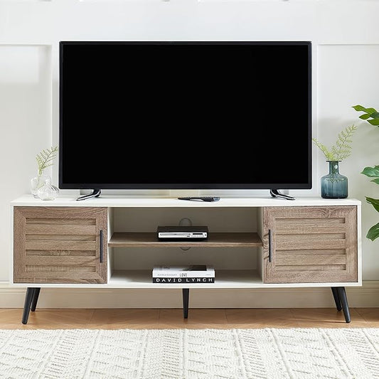 Mid Century Wooden TV Stand with Open Shelf and 2 Storage Cabinets for TVs up to 65 Inches,White Walnut Modern Entertainment Center TV Console for Living Room,Bedroom.
