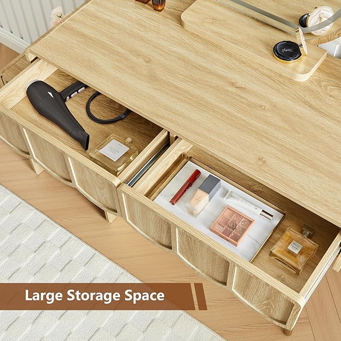 ORRD Vanity Desk with Mirror and Lights, Modern Wood Wave Panel Vanity Desk Set Makeup Table with Drawers and Cabinet, Dressing Table with Storage for Bedroom, Natural