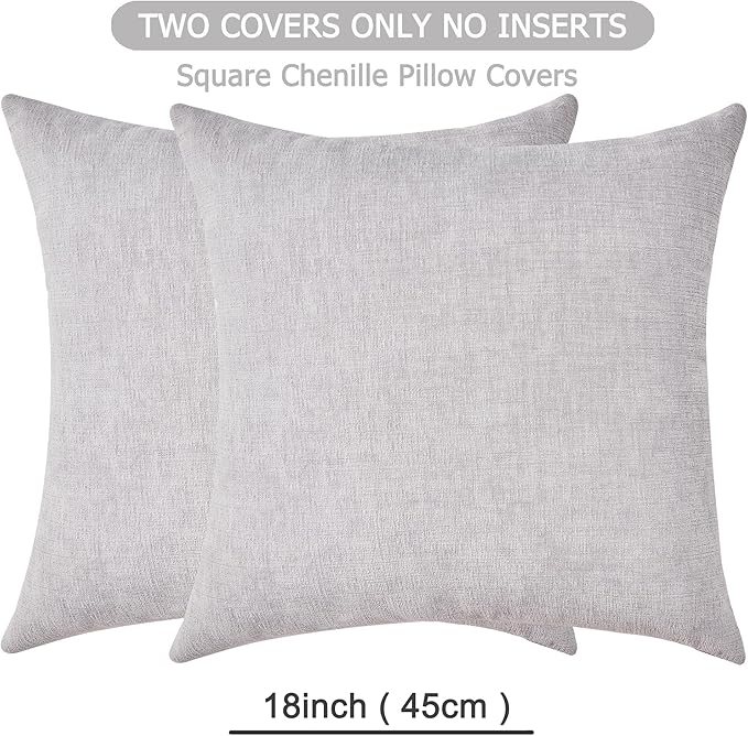 GAWAMAY Decorative Square Throw Pillow Covers 18"x18" Inch Set of 2, Super Soft Chenille Pillows Farmhouse Fall Pillowcase for Living Room Bedroom Sofa Couch Cushion Cover Light Grey 45x45cm