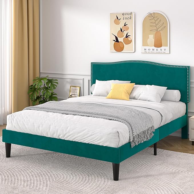 VECELO Queen Bed Frame Platform Bed with Upholstered Headboard, Strong Frame and Heavy-Duty Slats Support, Non-Slip and Noise-Free, Easy Assembly,Dark Green