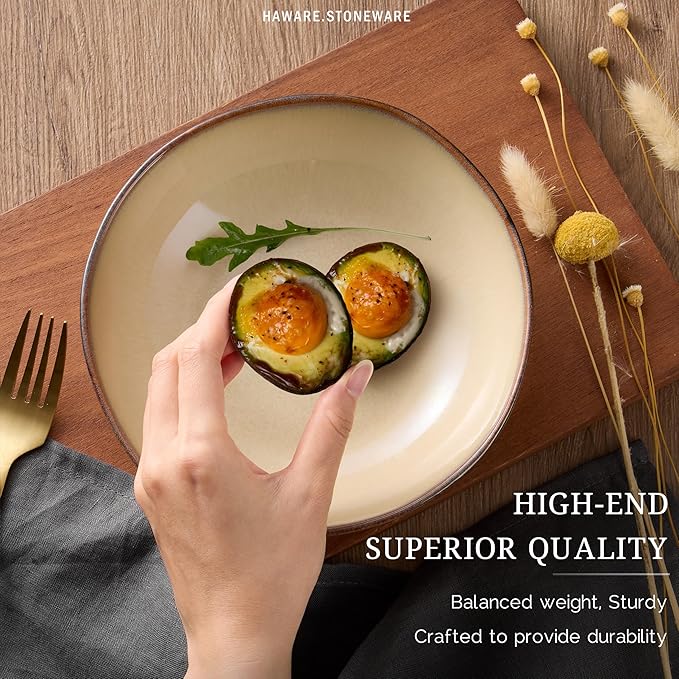 HaWare Plates and Bowls Set, Stoneware Dinnerware Sets, 18-Piece Hand-painted Dishware for 6, Scratch Resistant Ceramic Dinner Set for Home Kitchen, Microwave and Dishwasher Safe, Reactive Sandy Khaki