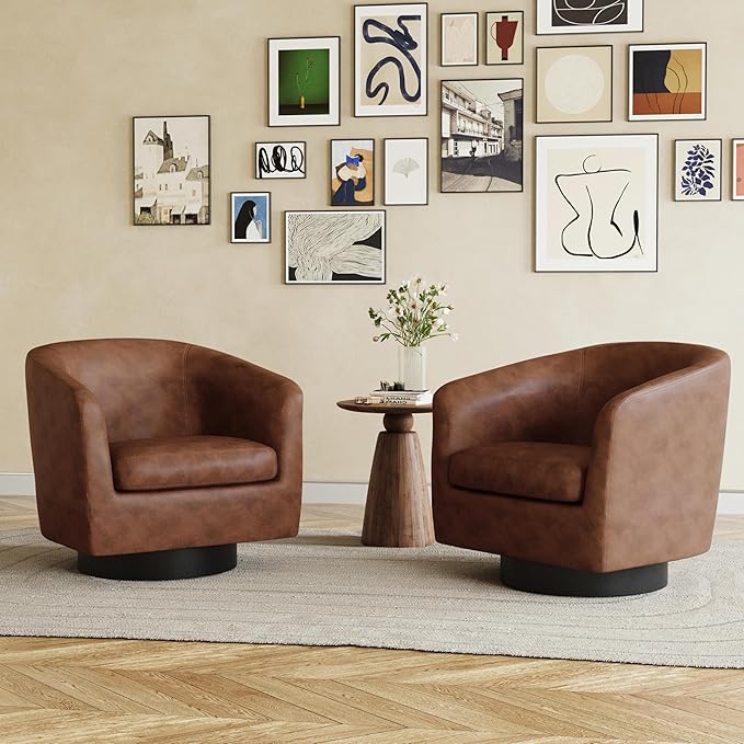 UIXE 360° Swivel Barrel Accent Chair Armchair, PU Leather Round Club Arm Chair for Lving Room, Modern Upholstered Small Bedroom Single Sofa Seat - Coffee Brown, Set of 2