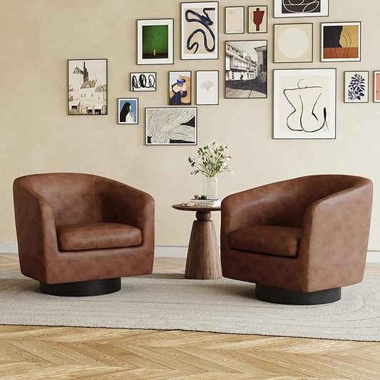 UIXE 360° Swivel Barrel Accent Chair Armchair, PU Leather Round Club Arm Chair for Lving Room, Modern Upholstered Small Bedroom Single Sofa Seat - Coffee Brown, Set of 2