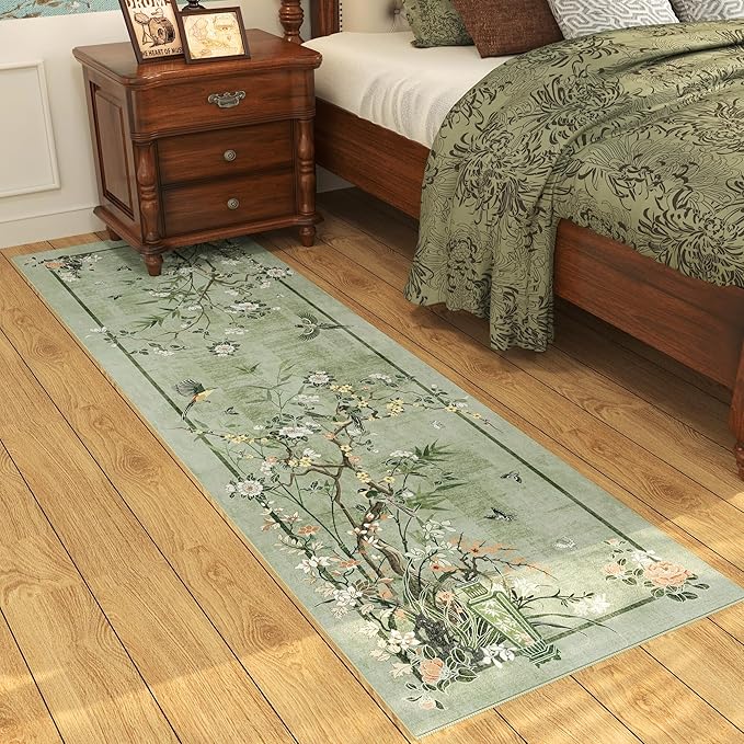 Runner Rug Chinoiserie-Style Floral Vintage Kitchen Rugs Non Slip Washable with Rubber Backing Soft Carpet for Laundry, Bedroom, Bathroom, Green
