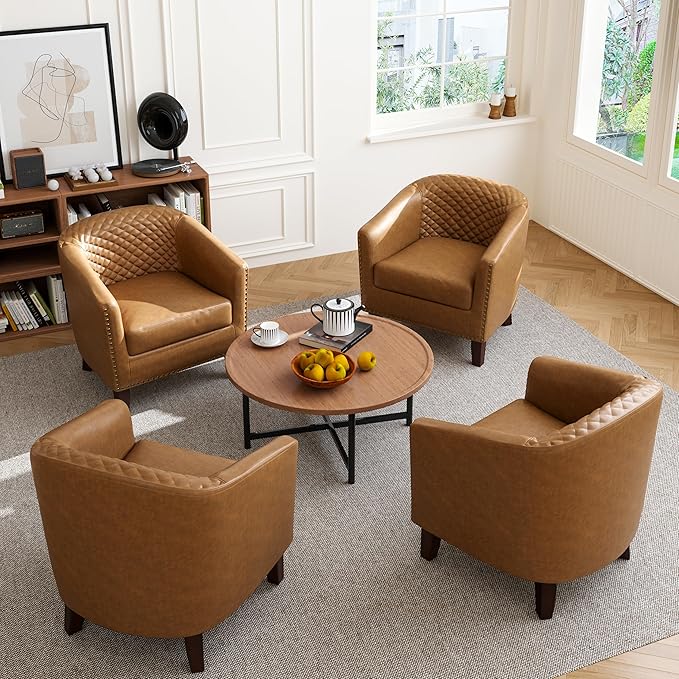 Accent Barrel Chair, Upholstered Faux Leather Club Chair with Nailed Trim, Comfy Reading Armchair for Living Room Bedroom Reception Room Office (Coffee, Set of 4)