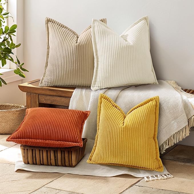 decorUhome Fall Corduroy Mustard Yellow Throw Pillow Covers 18x18 Set of 2 Decorative Soft Boho Striped Neutral Euro Farmhouse Couch Pillow Covers with Broadside for Living Room Bed Sofa