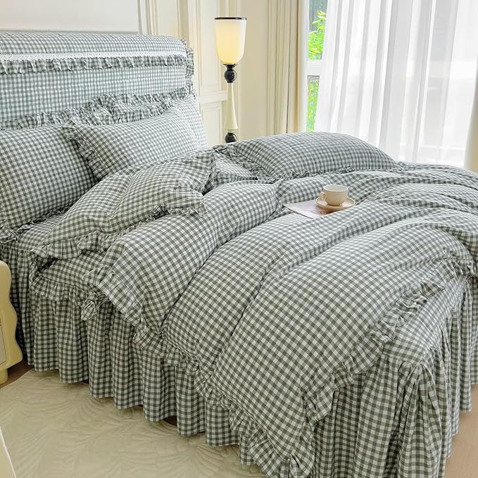 mixinni Vintage Green Gingham Ruffle Comforter Set 3-Piece Washed Cotton King Size Grid Bedding Set with Geometric Checkered Pattern, Farmhouse Chic Soft Fluffy Comforter for All-Season