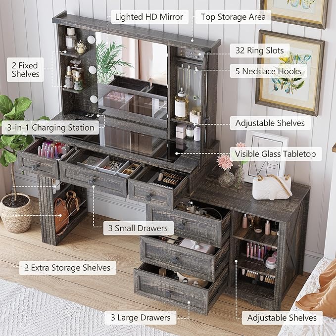 Makeup Vanity Desk Set with Mirror and Lights, Farmhouse Vanity Table with 6 Drawers/Large Storage, Brown Dressing Table 3 Colors Adjustable Lighting Brightness & Charging Station for Women