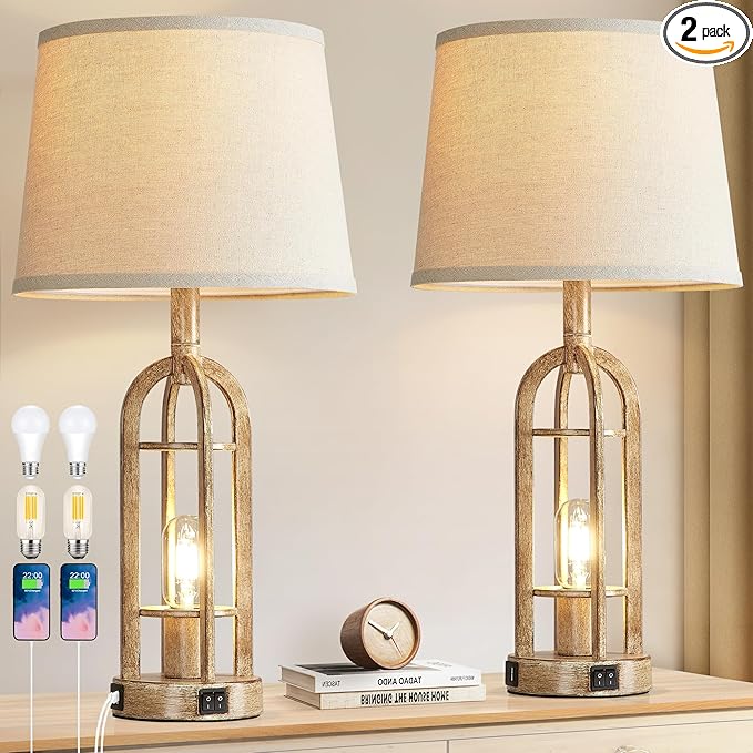 Table Lamps for Living Room End Table Set of 2 - Rustic Farmhouse Bedside Lamps for Bedroom Nightstand with Nightlight and USB A+C, 4 Bulbs Included