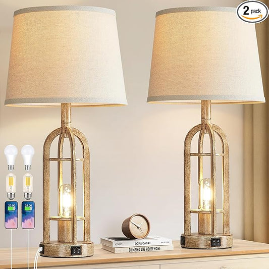 Table Lamps for Living Room End Table Set of 2 - Rustic Farmhouse Bedside Lamps for Bedroom Nightstand with Nightlight and USB A+C, 4 Bulbs Included