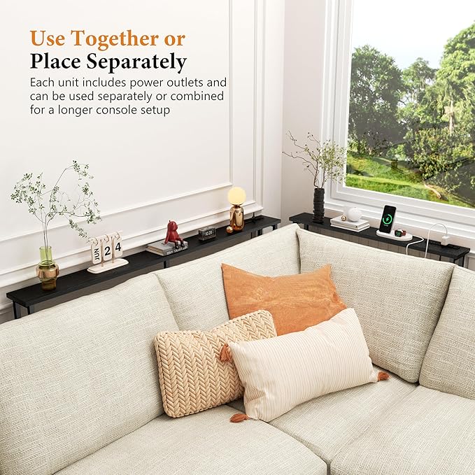 39" Sofa Table Narrow Long with Power Outlets & 2 USB Ports, Metal Frame Behind Couch Table Behind Sofa Perfect for Hallway, Living Room, Entrance - Easy Assembly, 4.9' Extension Cord Included