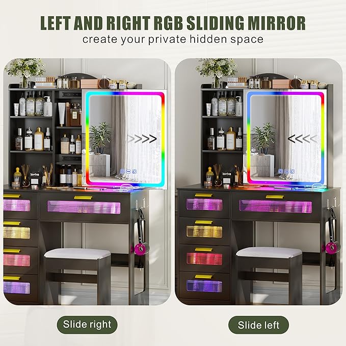 Vanity Desk with Sliding Vanity Mirror and RGB Lights,Makeup Vanity Desk with Charging Station,LED Vanity Table with Hidden Storage,Dressing Table Set with Stool&5 Drawers for Bedroom,Black