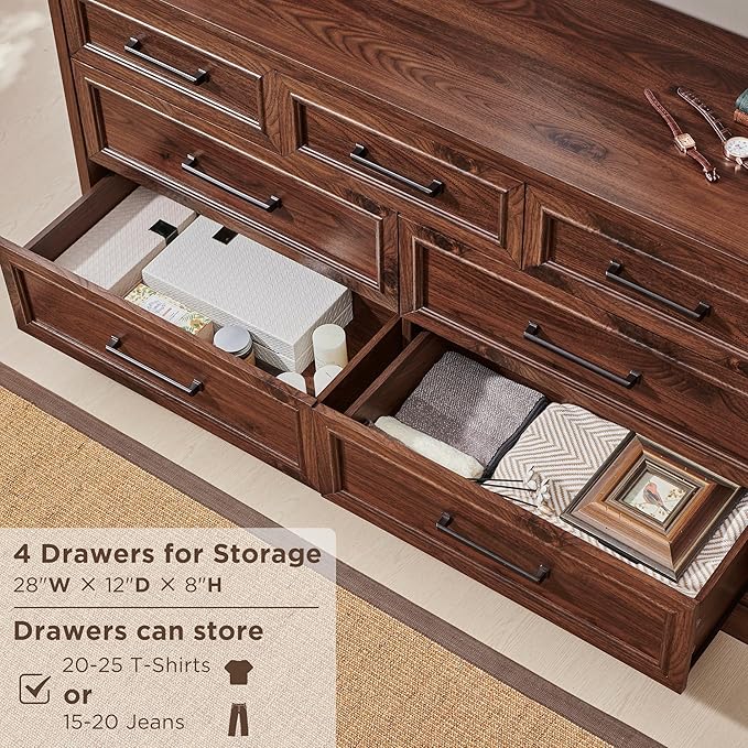 7 Drawer Dresser, Farmhouse Chest of Drawers for Bedroom, 52" Wide Dresser TV Stand with Large Metal Handles, Wood Drawer Organizer for Living Room, Hallway - Brown