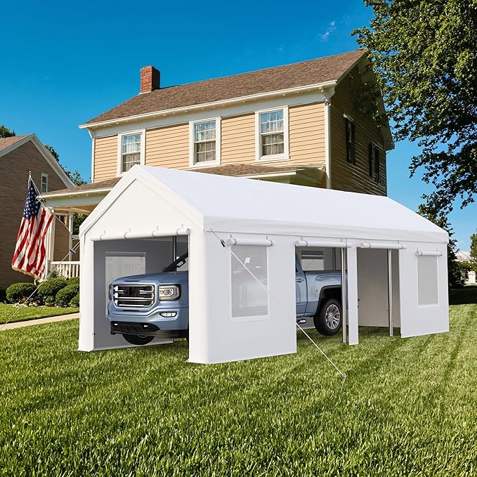 13x25ft Carport, Heavy Duty Carport with Reinforced Steel Poles, Upgraded Portable Garage with Doors & Window, UV Resistant All-Season Waterproof Tarp, for Car, Truck, Boat(White)