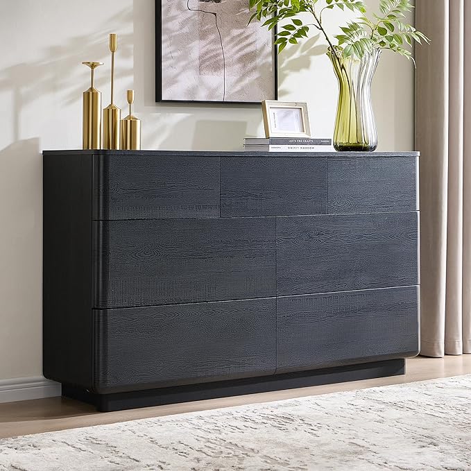 JXQTLINGMU 7 Drawer Dresser for Bedroom, Modern Push-to-Open Chest of Drawers, Large Wood Storage w/Curved Profile & Handleless Design, 52" Wide Dresser TV Stand for Bedroom, Living Room, Black