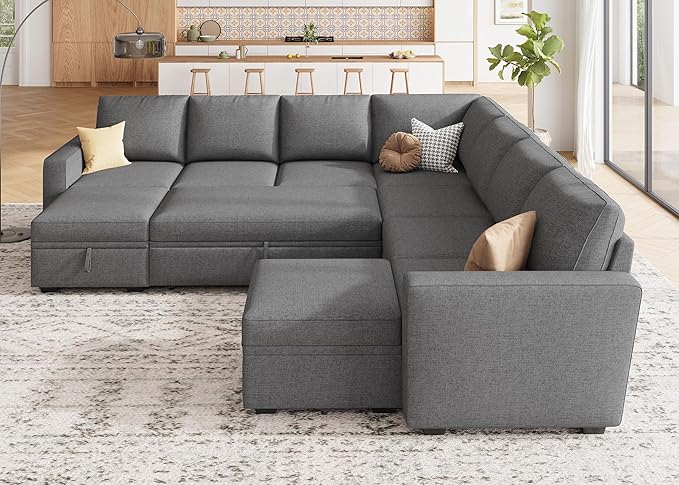 HONBAY Modular Sectional Sleeper Sofa with Pull Out Couch, Oversized U Shaped Sleeper Pull Out Bed with Storage Sectional Couches for Living Room - Dark Grey