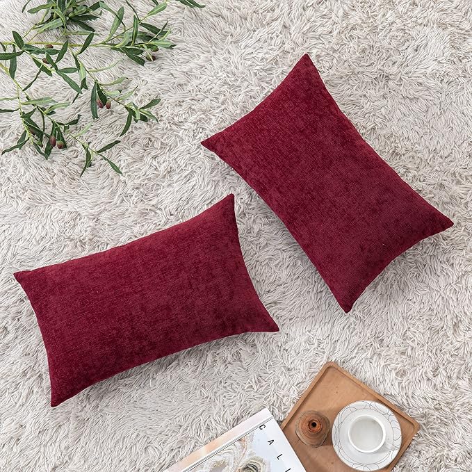 GAWAMAY Lumbar Decorative Throw Pillow Covers 12"x20" Inch Set of 2, Super Soft Chenille Rectangle Pillowcase for Living Room Bedroom Sofa Couch Cushion Pillow Cover Burgundy Red 30x50cm (ONLY COVERS)