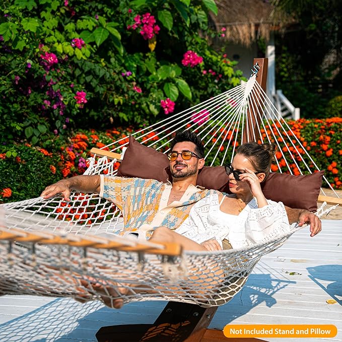 Lazy Daze Hammocks 12FT Double Rope Hammocks, 2 Person Hand Woven Cotton Hammock with Spreader Bar for Outdoor, Indoor, Patio, Poolside, FIT 13-15 Foot Stand, Max 450 Lbs, Green, 141 x 57 inches