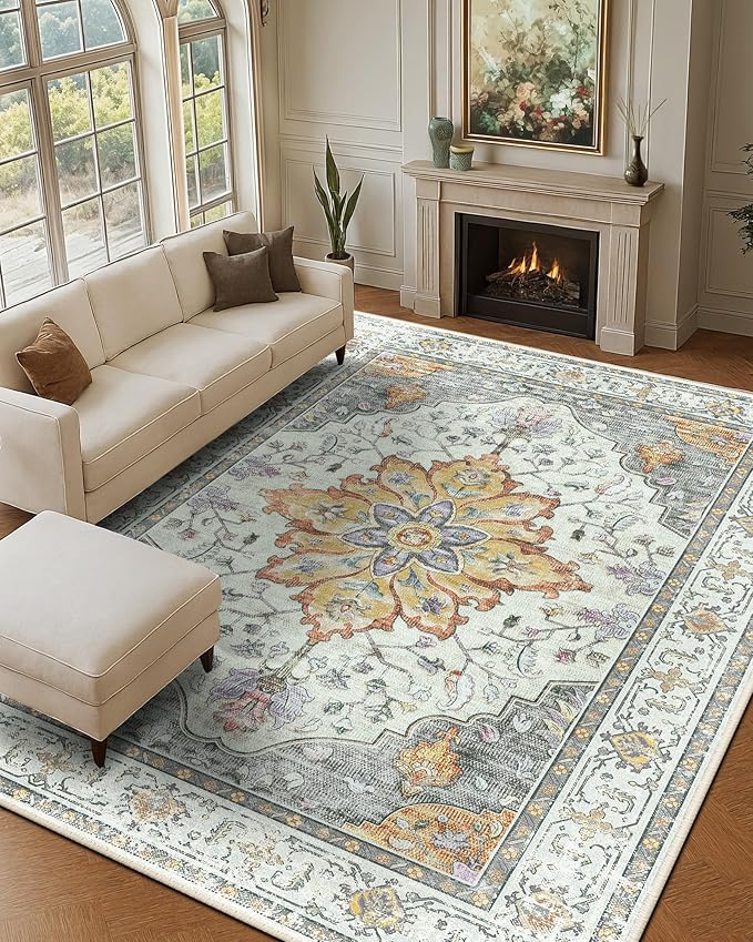 Area Rugs 10'x14' Washable Non-Slip, Floral Vintage Distress Print Pattern Medallion Carpet for Living Room Bedroom Dining Room, Light Yellow Carbon Grey Orange