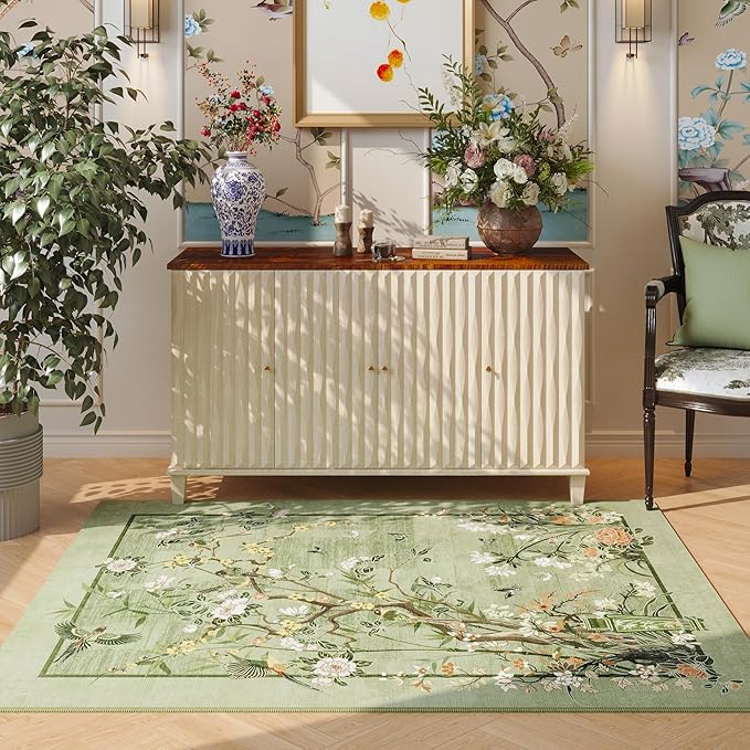 4x6 Rug Chinoiserie-Style Floral Vintage Washable Area Rugs Non Slip Low Pile Small Carpet for Bedroom, Bedside, Kids Room, Office, Dining Room, Green