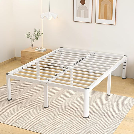 14 Inch Queen Bed Frame, Metal Platform Bed Frame with Round Corner Legs, 3500 lbs Heavy Duty Steel Slats Support, No Box Spring Needed, Noise Free, Easy Assembly, White