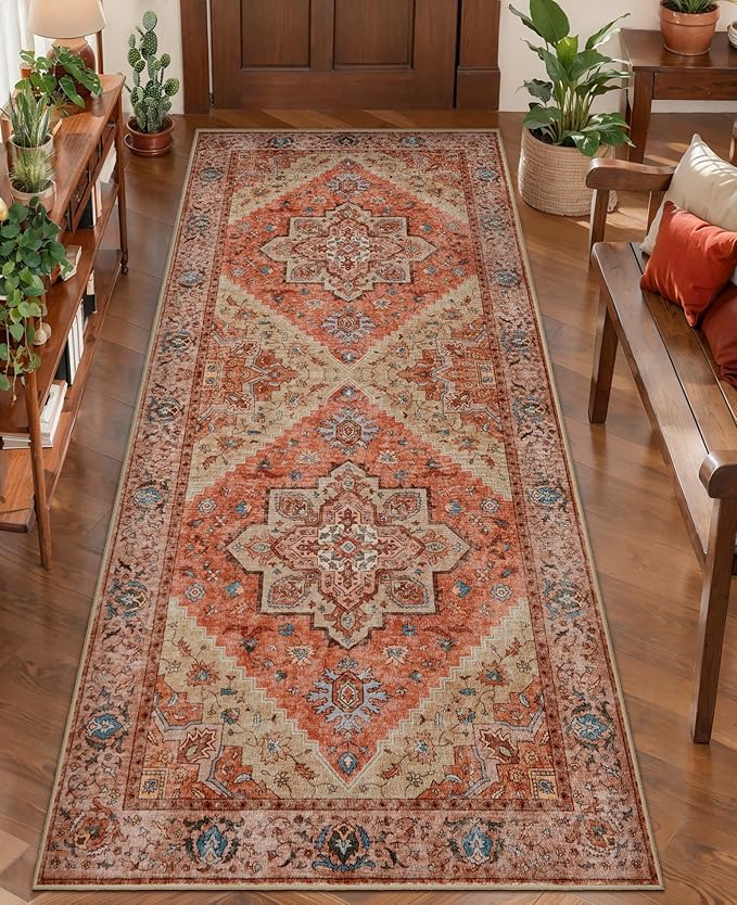 Tangsoo 2x6 Washable Runner Rug for Hallways, Non Slip Vintage Runner Rug, Soft Low Pile Long Runner, Print Distressed Carpet Runners for Kitchen Bedroom Entryway Bathroom Living Room