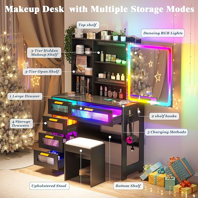 Vanity Desk with Lights and Sliding Mirror, Makeup Vanity Desk with Charging Station, Vanitys Dressing Table with Stool,LED Vanity Set with Large Drawers&Shelves for Bedroom, Decor, Black