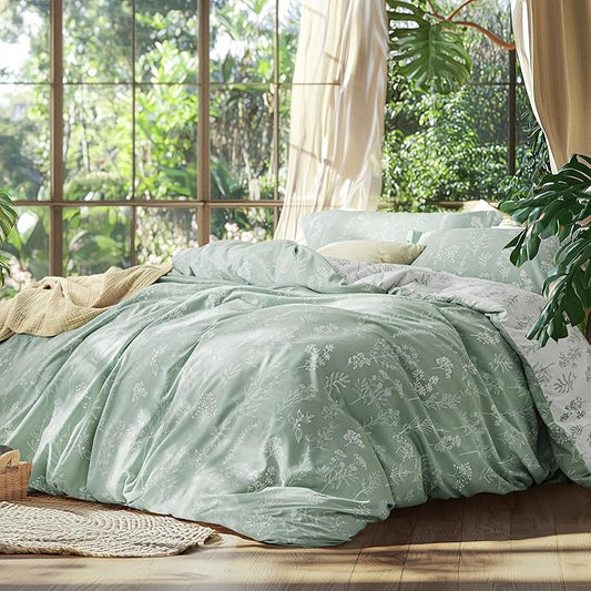 Bedsure Queen Comforter Set - Sage Green Bed Set, 3 Pieces Cute Floral Bedding, 1 Soft Reversible Botanical Flowers Comforter and 2 Pillow Shams
