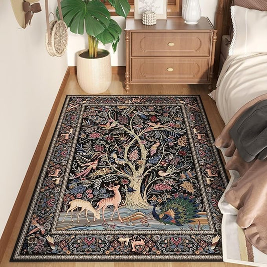3x5 Rug Vibrant Tree of Life-Patterned Vintage Non Slip Low Pile Small Carpet for Bedroom Bedside Kitchen Entryway Kids Room Office College Dorm Essentials for Girls, Black