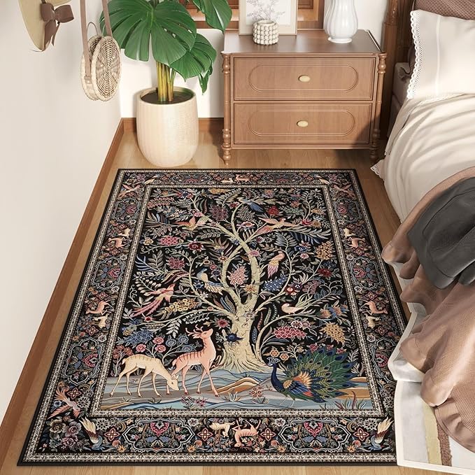 Area Rugs 4x6 Vibrant Tree of Life-Patterned Vintage Washable Rugs Non Slip Low Pile Small Carpet for Bedroom Bedside Kids Room Office Dining Room, Black