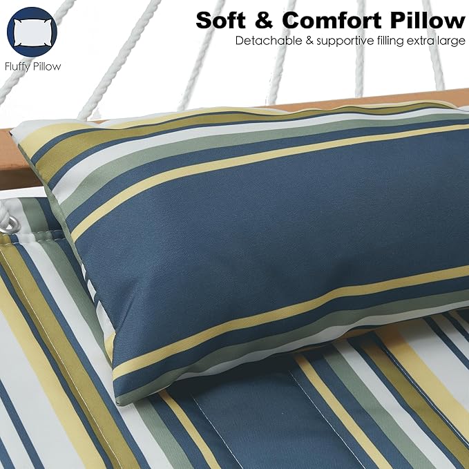 2 Person 12FT Hammocks for Outside, Double Quilted Fabric Outdoor Hammock with Spreader Bar, Large Removable Pillow, Storage Pockets, Carabiners, Max 475 lbs Capacity (Olive Green)