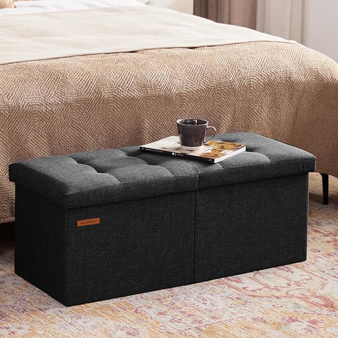 HAUSFRAU 31.5 Inches Ottoman with Storage, Folding Ottoman Bench Small Foot Rest Stool, Bedroom Bench with Flipping Lid, Linen Black