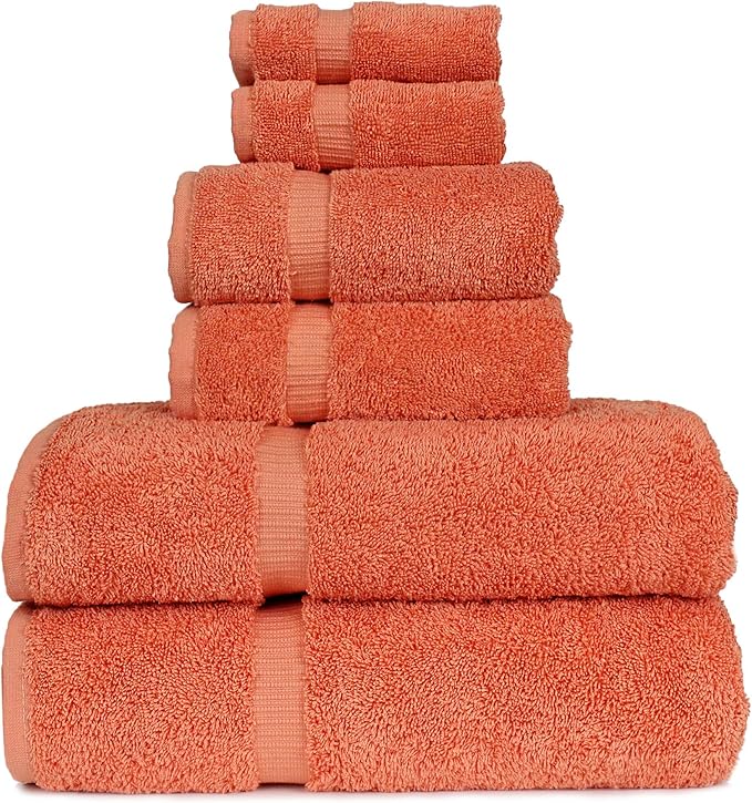 Luxury Hotel & Spa Collection, Quick Dry 100% Turkish Cotton, 700 GSM, Eco Friendly Towel, Bathroom and Kitchen Dobby Border Towels, 2-Bath Towel, 2-Hand Towel, 2-Washcloth (Bundle Set of 6, Coral)