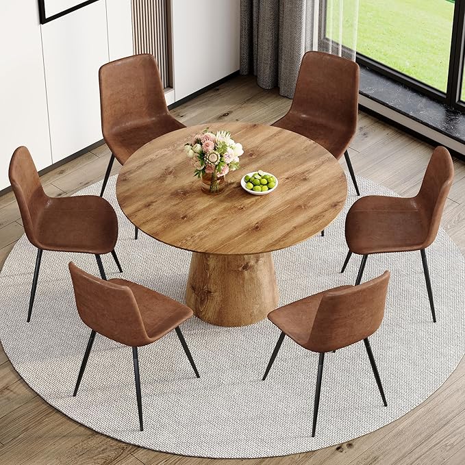 Round Dining Table Set for 6,45'' Farmhouse Dining Room Table Set for 6 with Suede Chairs,1" Thick Wood Pattern Tabletop with Conical Base,7 Pieces Kitchen Table Set for Dining Room,Apartment